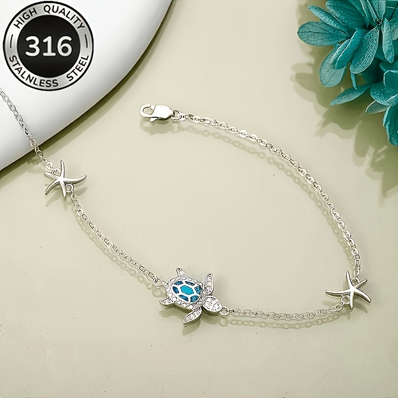 Women's Ocean-Themed Stainless Steel Sea Turtle & Star Anklet